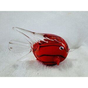 Vintage‎ Murano Glass Art Glass Fish Red & Opalescent Haze Small Paperweight EUC